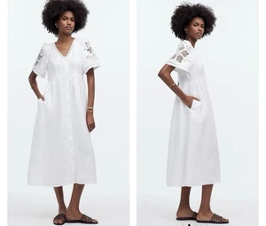 Madewell Cassie Midikleid mit Knopfleiste kleine Leinen Ösenärmel weiß neu mit Etikett - Bild 1 von 11