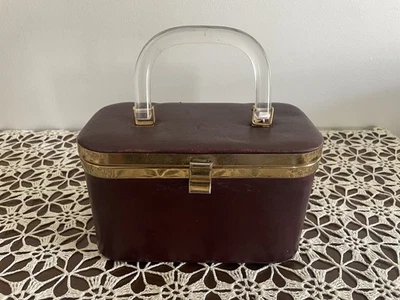 Vintage 60’s Maroon Leather Box Purse Lucite Handle Paisley Interior - Image 1 of 4