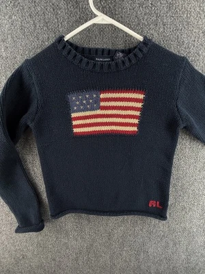 Ralph Lauren Boys Flag Sweater USA Large Cotton Japan Made Navy Blue Crew Neck - Image 1 of 4