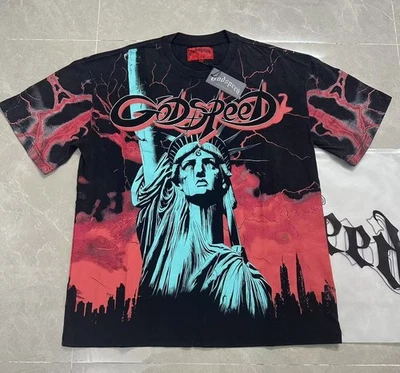 Mens NEW Godspeed Statue of Liberty Lightning Sky print Short sleeved T-shirt - Image 1 of 4