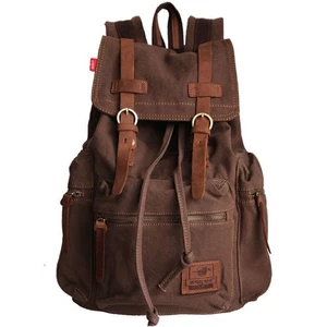 Retro Segeltuch Echtleder Rucksack Tourist Camping Bergsteigen Wandern Rucksack - Bild 1 von 9