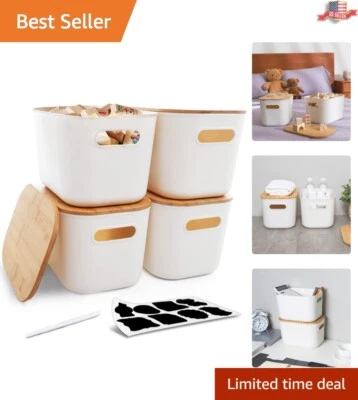 Durable Storage Bins - 4 PCS with Bamboo Lids - Labels & Marker - Handles - Image 1 of 4