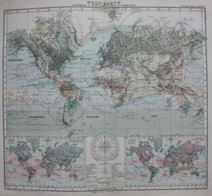 Original antique map WORLD MAP, WINDS, AIR CURRENTS, Stieler, 1886 - Picture 1 of 6