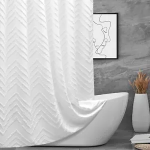 Extra Long Shower Curtains 72 x 84 Inches White Tufted Chevron Striped Fabric... - Picture 1 of 7