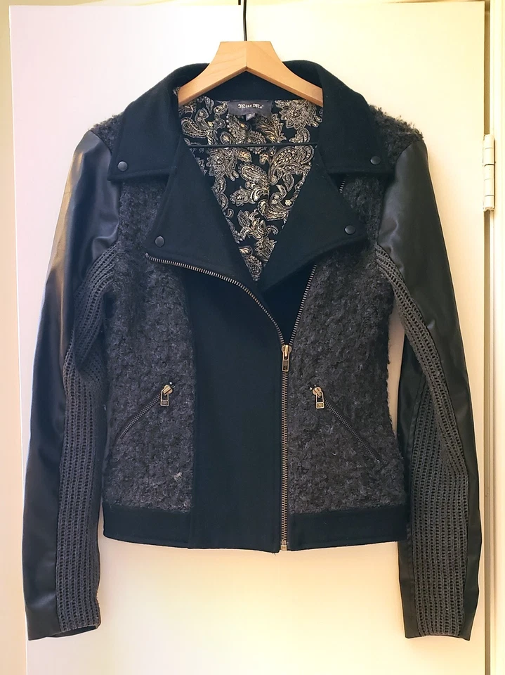Miss Me 女式羊毛混纺人造皮革黑色摩托夹克 S 码 — 第 1/4 张图片