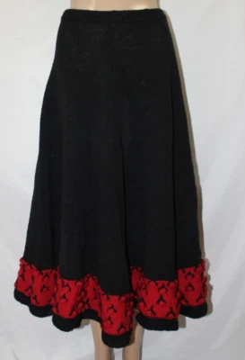 Vintage Black Red Floral Hemline Knit Wool Full Skirt XS S - Image 1 of 4