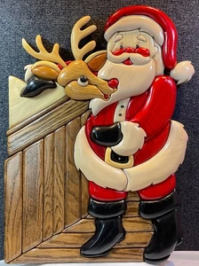 Hand crafted solid wood intarsia Christmas wall hanging with Santa & Rudolph - Picture 1 of 9