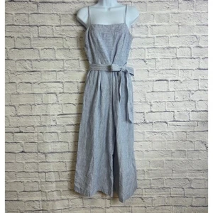 J. Crew Jumpsuit Size 6 Blue White Stripe 100% Linen Pockets Adj. Straps Belted - Picture 1 of 18