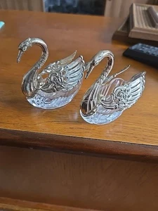 Vintage Set Of 2 Silver Plated and Glass Swan Hinged Wings Salt Cellars  - Picture 1 of 11