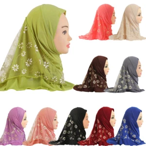Lace Muslim Hijab Kids Baby Girls Shawls Scarf Islamic Child Hat 2-6Y - Picture 1 of 41