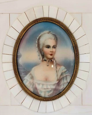 Antique French or German Hand Painted, Signed Miniature - Lady - Frame 6x5 in - Image 1 of 4