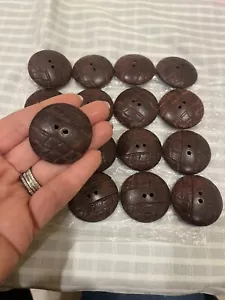 16 Pieces VINTAGE 1 3/8” Large Round Buttons Brown Wood 2 Hole MADE IN USA - Picture 1 of 5