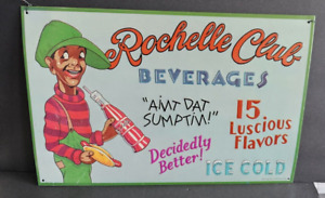 Vintage Black Americana Rochelle Club Beverages Soda Pop Tin Advertising Sign