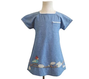 Roberta Roller Rabbit Needlepoint Bird In Tree Print Chambray Girls Dress 4 - Picture 1 of 10