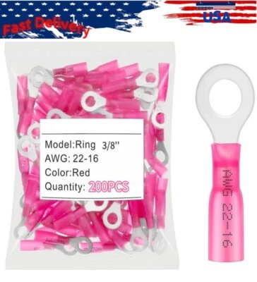 22-16AWG conectores de crimpagem de fio à prova d'água termorretrátil anel terminais 3/8" 200 peças - Imagem 1 de 4