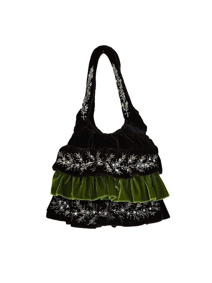 3 Tier Crushed Velvet Purse Handbag Brown/Green Embroidery And Sequins Zip  2294 - Image 1 of 4