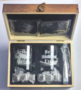 Whiskey Glass and Stones Gift Set Best Husband Ever with wooden box Father's Day - Picture 1 of 4