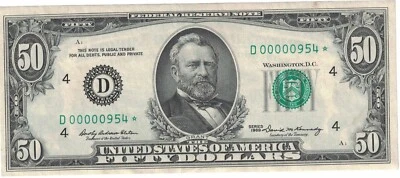 1969 50 Dollar Bill - Star Note - Extremely Low Serial - D00000954 - Image 1 of 2
