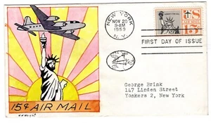C58 Statue of Liberty Air Mail 1959 FDC - Wright Hand-Painted  - Picture 1 of 2