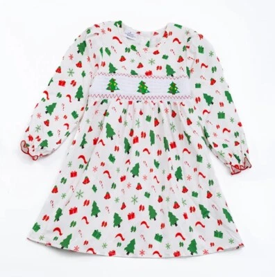 NEW Boutique Christmas Tree Girls Smocked Embroidered Dress - Image 1 of 4