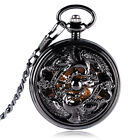 Black Tone Mechanical Pocket Watch for Men Skeleton FOB Hand Winding Fob Watches