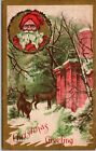 Christmas Greeting Postcard Inset Santa Claus Deer Stags Forest Snow Old 1910S