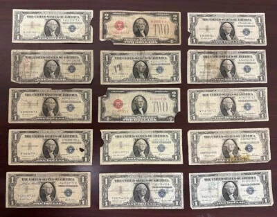 Lot of 15 US Currency $1 1957 1935 Silver Certificates $2 1928 Culls $17 Face - Image 1 of 2