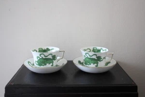 Wedgwood Chinoiserie Green Chinese Tiger Cup Saucer Pair From Japan - Picture 1 of 20