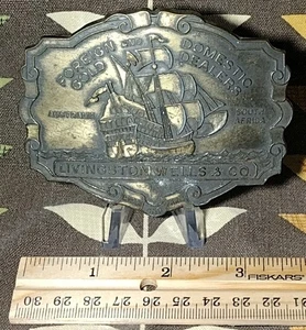 70s Livingston Wells Co Belt Buckle Foreign and Domestic Gold Dealers Fargo Bank - Picture 1 of 9