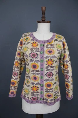 Cardigã GUDRUN SJODEN multicolorido floral 100% algodão botão frontal suéter tamanho P - Imagem 1 de 4