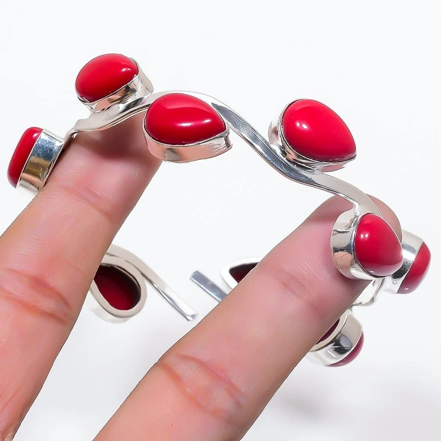 Brazalete ajustable de plata de ley 925 con piedras preciosas de coral rojo Foto 1 de 1