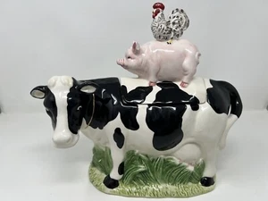 David's Cookies ~ Cookie Jar ~ Cow Pig Rooster Stacked Ceramic ~ DAMAGE TO LID - Picture 1 of 9