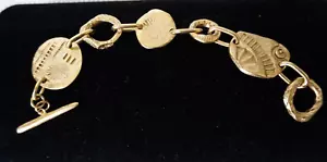 Vintage Embossed Etched Brutalist Bracelet Gold Tone Metal Geometric Disks 7.5" - Picture 1 of 7