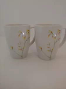 CORELLE KOBE MUGS Coffee Cups w/Yellow Floral Stems Forsythia Set of 2 - Picture 1 of 4
