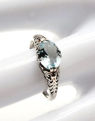 Anillo artesanal vintage de topacio azul de plata de ley 925 talla 6,5 banda de desplazamiento recortada Foto 1 de 4