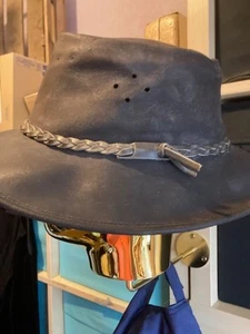 Australian Outback Cowboy Hat Handmade Leather Genuine Hide size L BLACK - Picture 1 of 10