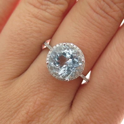 Diamante real de plata de ley 925 aprox. Anillo gema aguamarina y 0,35 quilates talla 7 Foto 1 de 4