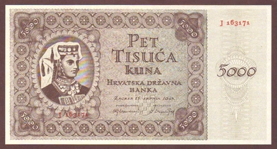 CROATIA  5000 Kuna  1943  Prefix J   Crisp UNC - Image 1 of 2