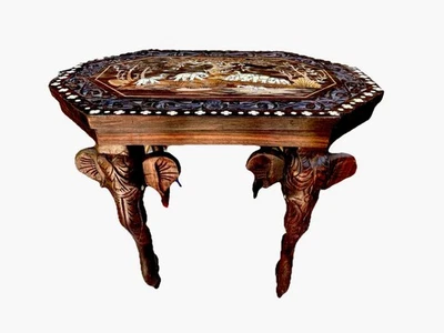 VTG Elephant Legged Anglo Indian Rosewood Side Table Hand Carved with Inlay 12" - Image 1 of 4