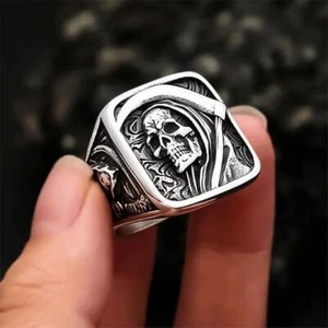 Mens Biker Gothic Skull Ring Band Stainless Steel Grim Reaper Signet Death Medal - Picture 1 of 7