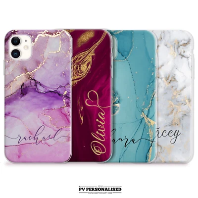 Personalised Phone Case Initials Name Marble Hard Cover For iPhone 12 7 8 11 Xs - Image 1 of 4