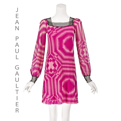 JEAN PAUL GAULTIER SOLIEL Magenta and White Mesh Mini Dress with Black Trim SZ S - Image 1 of 4