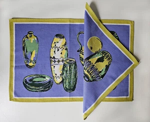 Vintage: 1 Tischset mit Serviette 50ziger Jahre lila grün Leinen - Bild 1 von 5