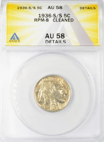 1936 S/S Buffalo Nickel 5c - ANACS AU58 Details - S/S VARIETY RPM-8!! Cover