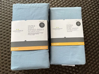 Threshold 300 Count Ultra Soft Fitted & Flat 100 Cotton Size Twin Blue - Image 1 of 4