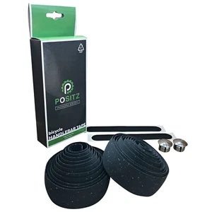 Positz Cork Handlebar Tape Black for Road Bikes - Bar Ribbon Wrap + Silver Plugs - Picture 1 of 2