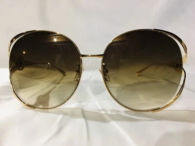 Óculos de Sol Feminino Autêntico Novo Gucci GG0225S 006 Dourado/Marrom Gradiente Redondo - Imagem 1 de 4