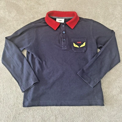 Fendi Polo Shirt Boys Size 6A Navy Blue Long Sleeve Pocket Logo Top 100% Cotton - Image 1 of 4