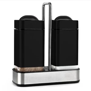 Black Stainless Steel Salt Pepper Shakers with Holder Adjustable Pour Holes - Picture 1 of 6