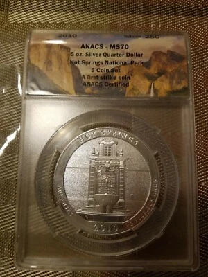 ANACS 5 Oz ATB 2010 Hot Springs MS70 Silver First Strike RARE! AG .999 - Image 1 of 4